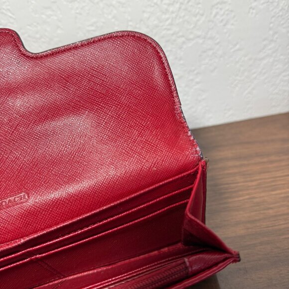 Coach Taylor Leather Checkbook Wallet Fold Over Snap Front Red Gold Y2K Classic - Picture 7 of 12